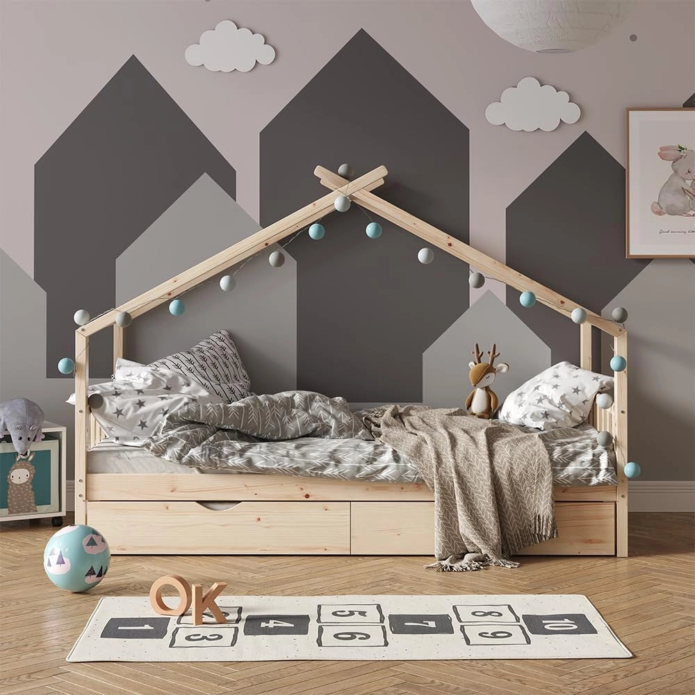 Letto montessori bambini Design, Legno naturale, 90x200 cm con letto per ospiti, con sponda anticaduta e rete a doghe per un sonno sicuro