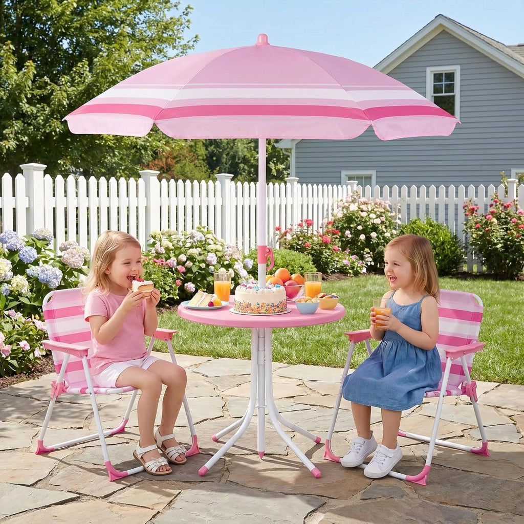 Set Tavolo e Sedie da Giardino per Bambini con Ombrellone (Rosso) | Set da Esterno per Bambini 4 Pezzi con Tavolino Rotondo, 2 Sedie Pieghevoli e Ombrellone Regolabile in Altezza per Campeggio