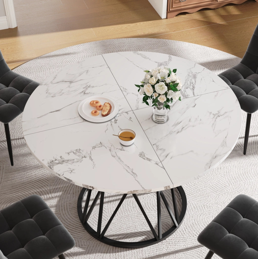 Tavolo da pranzo rotondo 100x100x76 cm; piano in MDF effetto marmo nero; struttura in metallo
