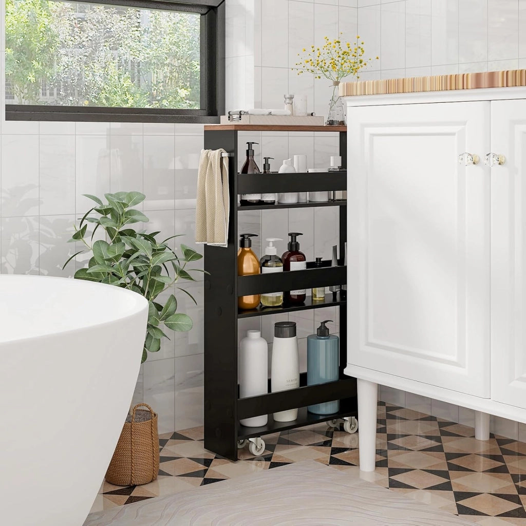Carrello Portaoggetti da Cucina, Scaffale con Maniglia Laterale e Ruote, Carrello Salvaspazio con 3 Scaffali Stretti, 47,5x13x80,5 cm (Marrone+Nero)