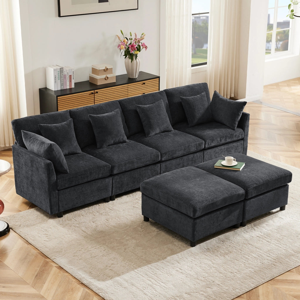 Divano Modulare 4-6 Posti Convertibile a U o L con 2 Pouf e 6 Cuscini, in Ciniglia Grigio