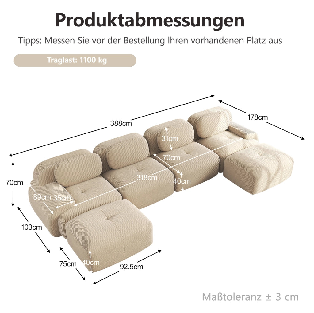 Divano angolare modulare in velluto a coste beige; design senza telaio; senza montaggio