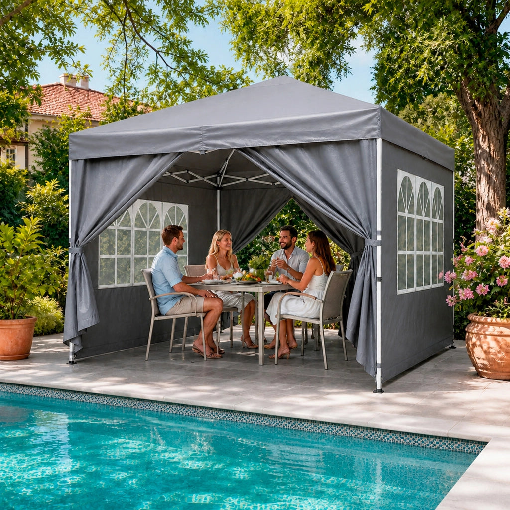 Gazebo Pop Up Da Esterno Con Pannelli Laterali Finestre Traslucide Copertura Impermeabile UV50+ Telaio Robusto In Acciaio Per Eventi E Giardino 3 x 3 x 2.59 m Grigio