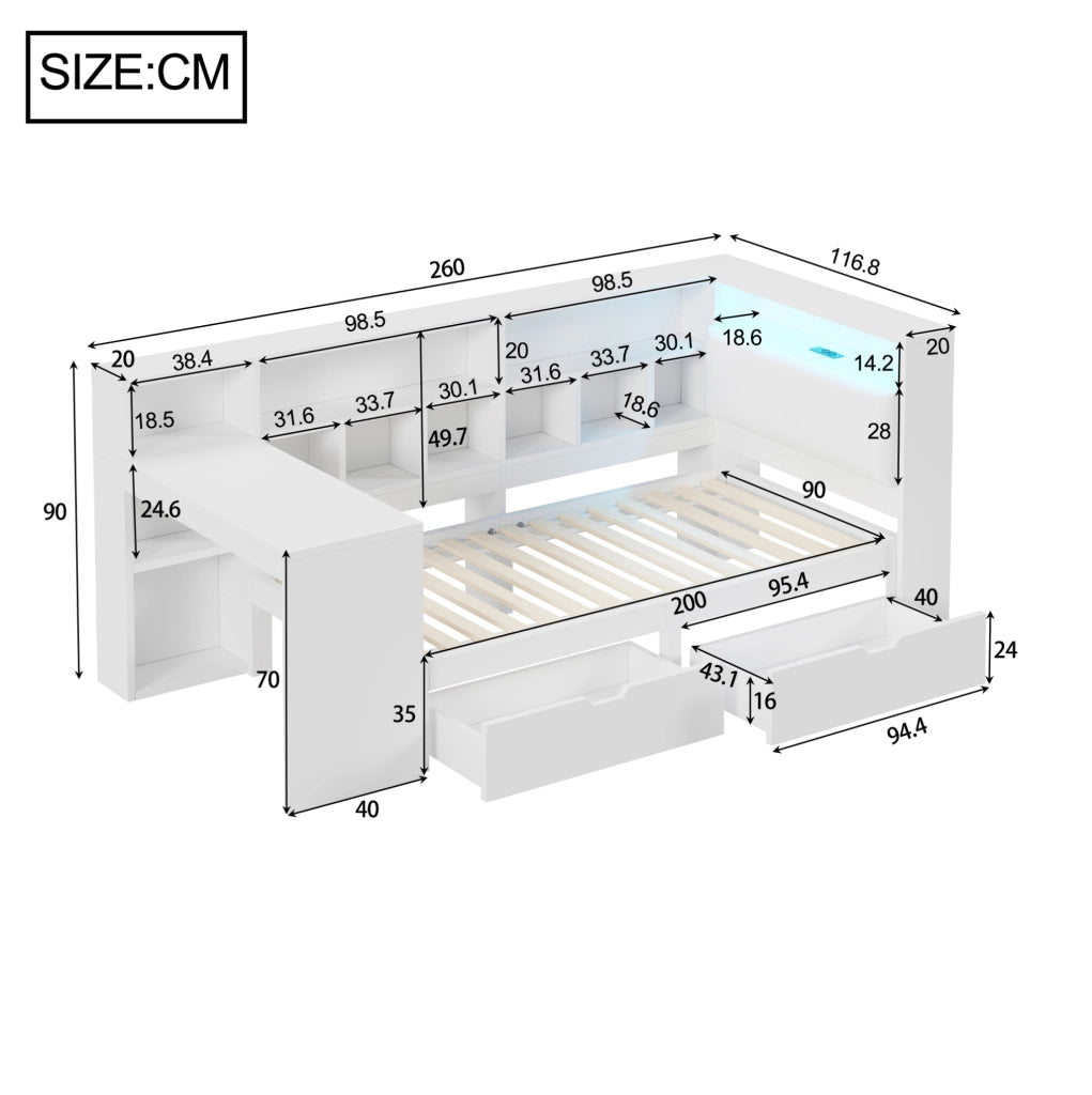 Letto a piattaforma L 90x200 con scrivania; libreria; LED e USB; bianco