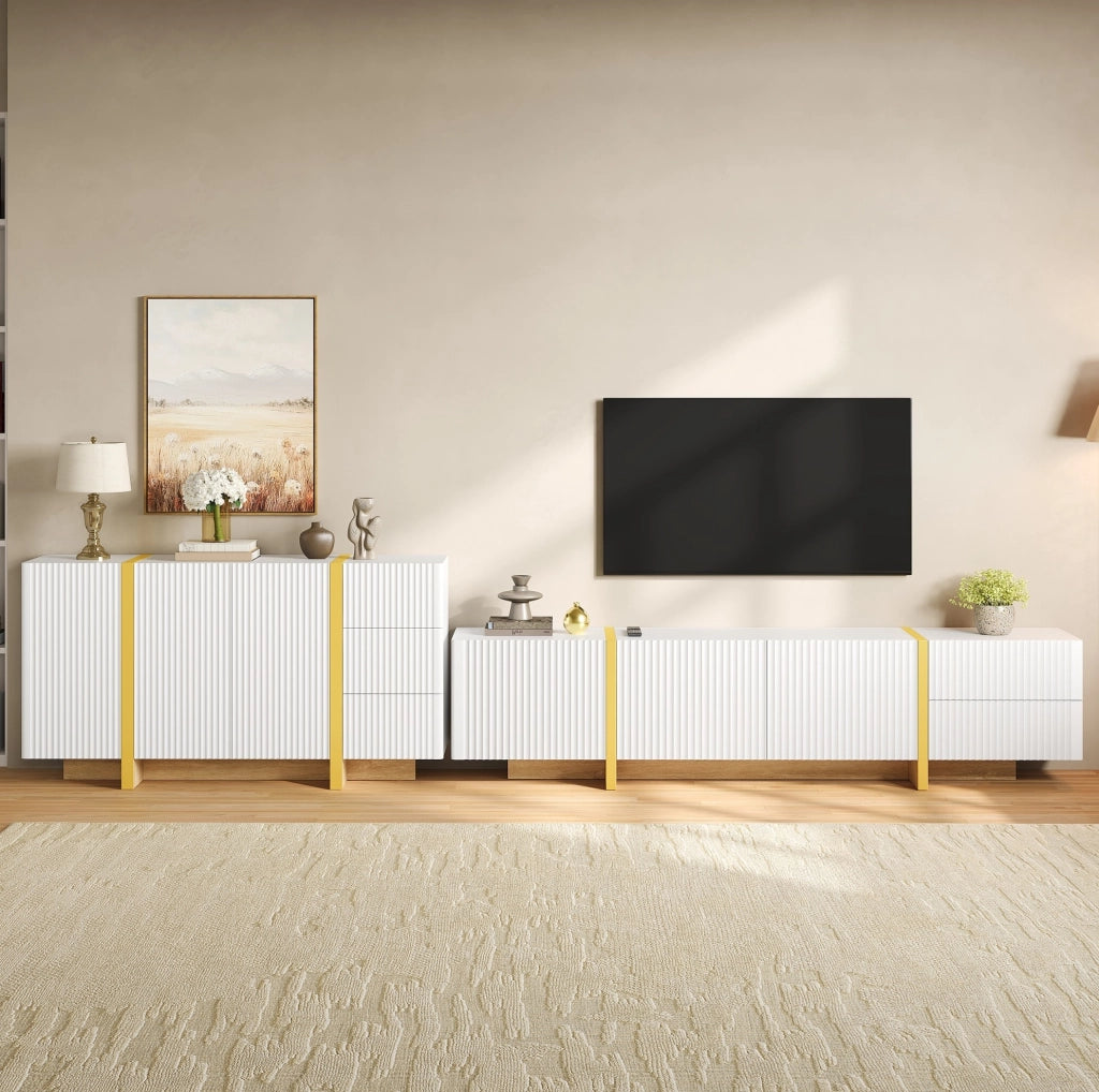 Set mobile TV e sideboard con frontali scanalati; MDF e pannello truciolare; bianco
