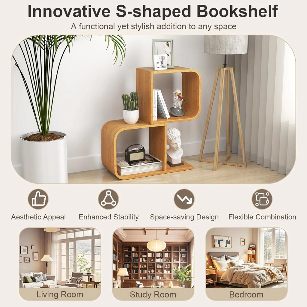 Libreria a Forma di S a 2 Cubi, in Bambù con Angoli Arrotondati e Dispositivo Anti-Ribaltamento, Scaffale Aperto per Soggiorno, Angolo e Camera da Letto (2 cubi)