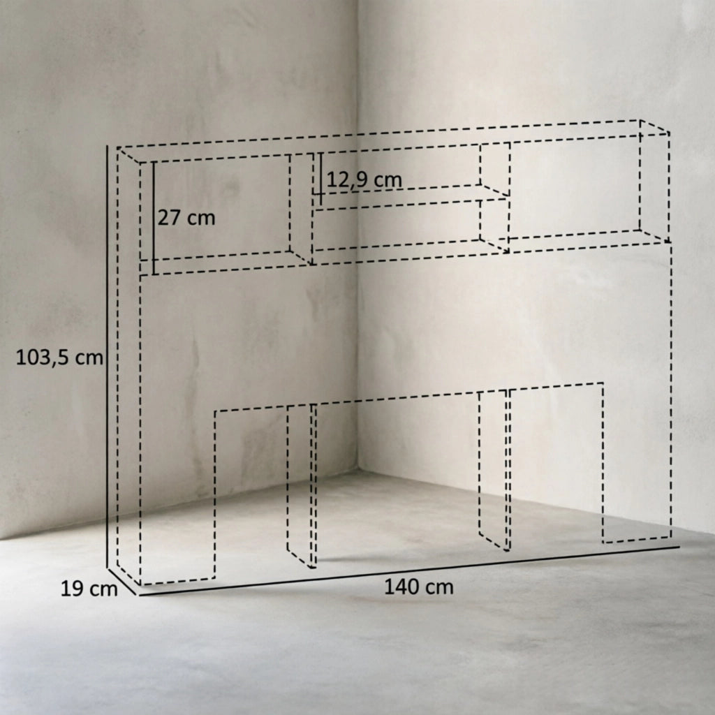 Testiera letto con 4 vani aperti e fissaggio a parete per camera in MDF e truciolato bianco 140×19×103.5 cm