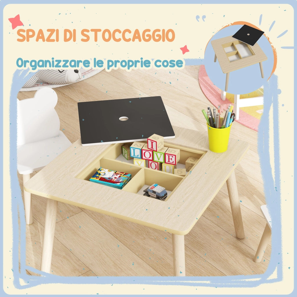 Set Tavolino Multifunzione e 2 Sedie per Bambini Orsetto Colore Legno