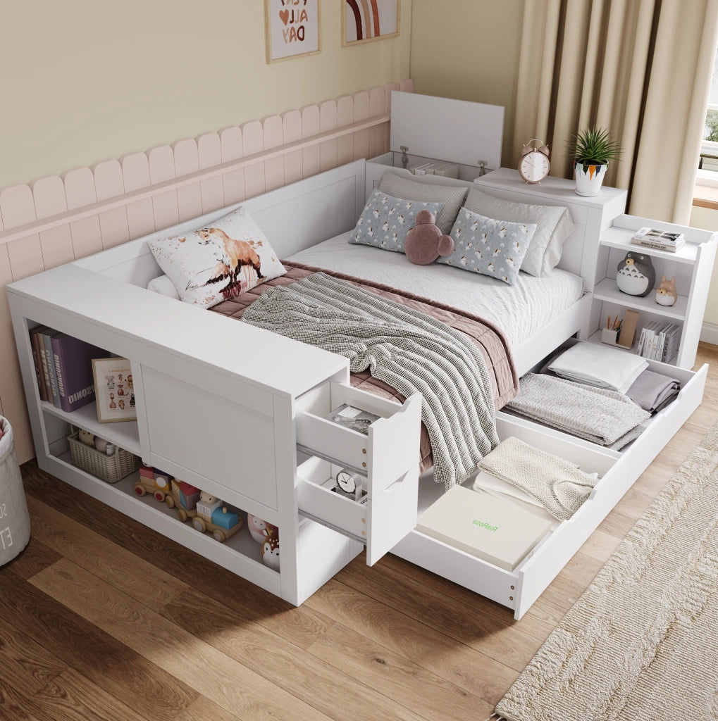 Letto multifunzione 140x200 cm con contenitore; cassetto e comodino estraibile; bianco in MDF