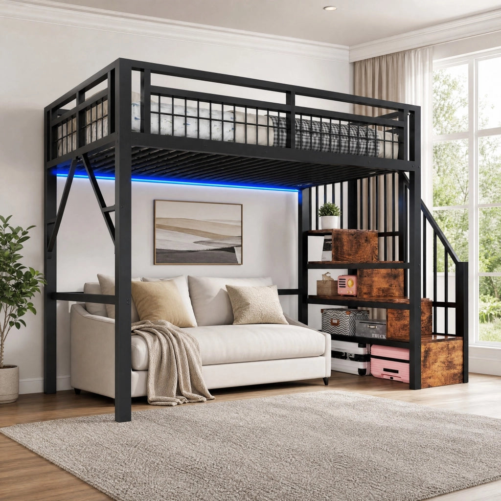 Letto a soppalco 90 × 200 cm con scala contenitore e barra LED in metallo e MDF nero