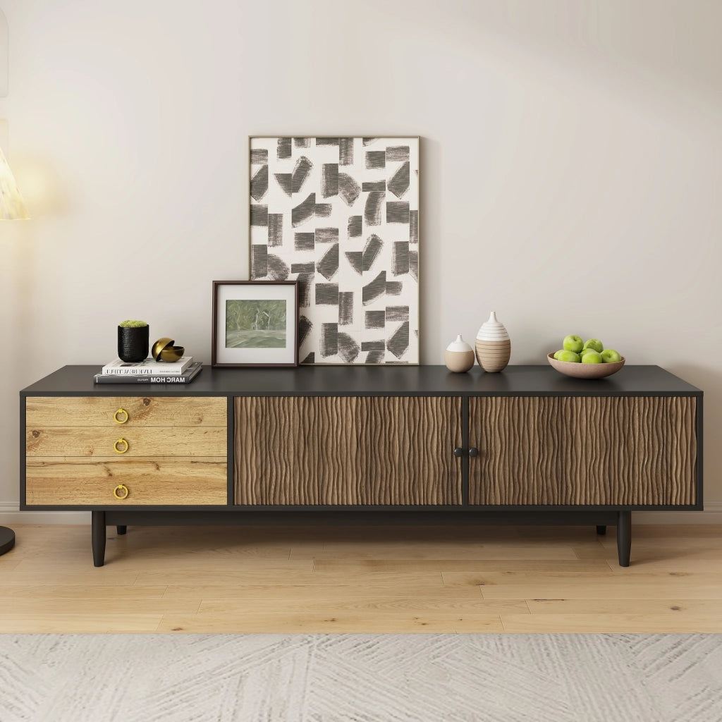 OKWISH Mobile TV con 2 Ante e 3 Cassetti, Frontali Ondulati, Gambe in Legno, per Soggiorno, Nero e Naturale, 180×38×50 cm