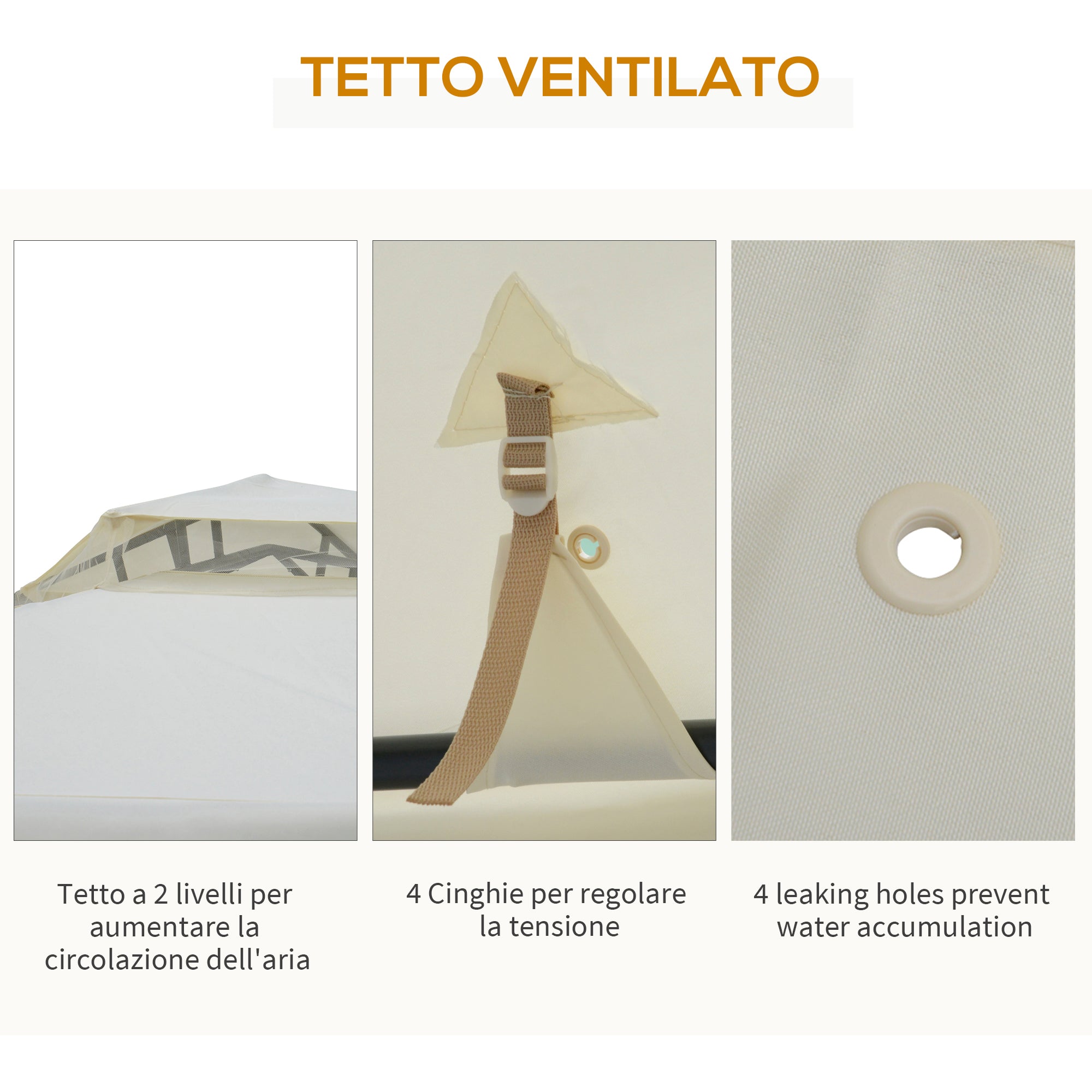 Gazebo da Giardino 2.95x2.95m in Metallo Doppio Tetto Zanzariera e Laterali Beige