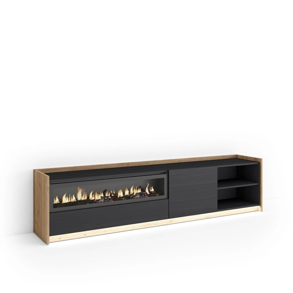 Mobile TV Soggiorno, 207x50x37 cm, Per TV fino a 80", Camino elettrico, LED, Nero e rovere