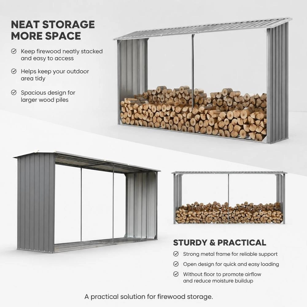 Firewood Storage Unit Made Of Galvanized Steel, 330 X 92 X 153 Cm, Grey