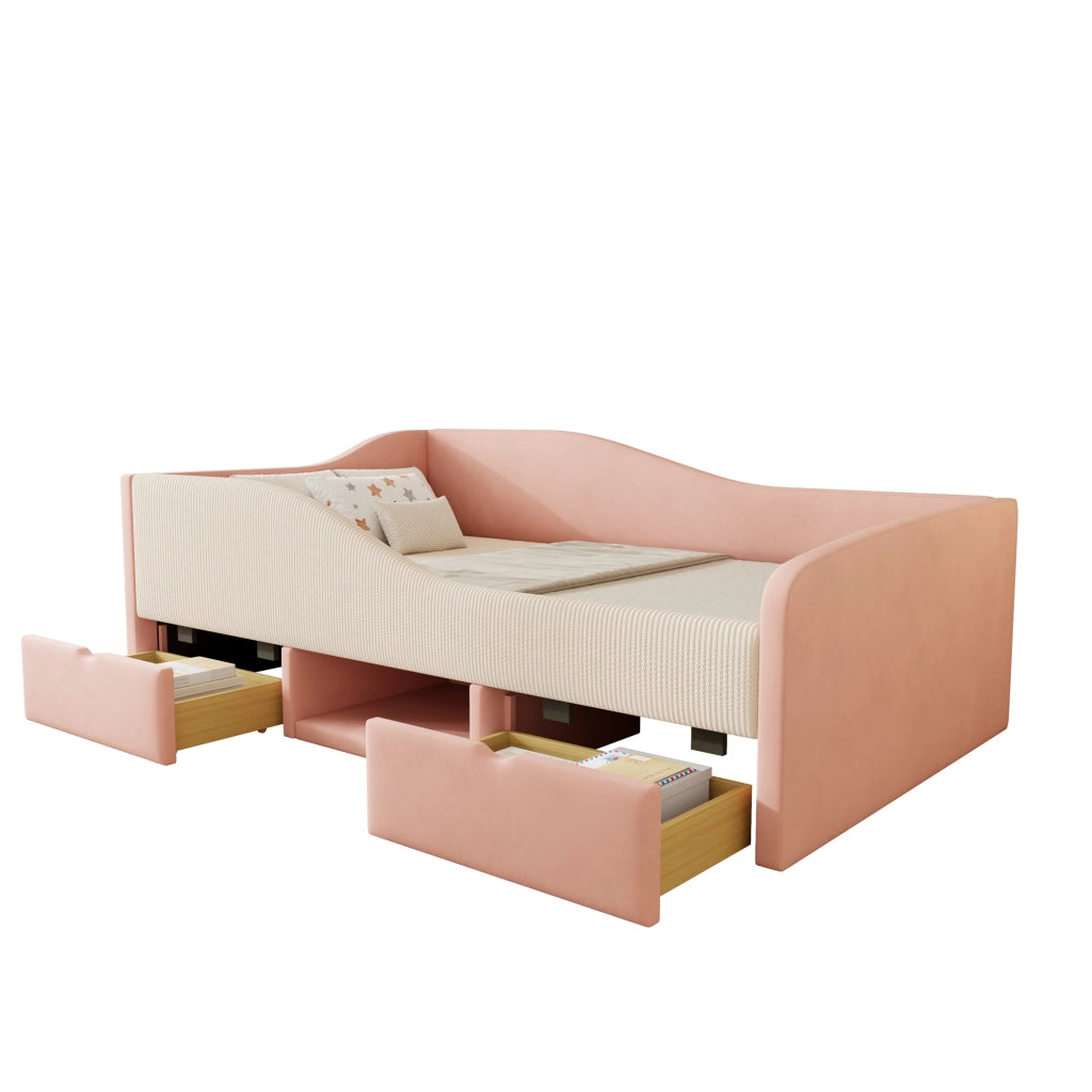 Letto per bambini 90 × 190 cm con 2 cassetti, vano aperto, scomparto scarpe e sbarre di sicurezza, senza materasso, rosa