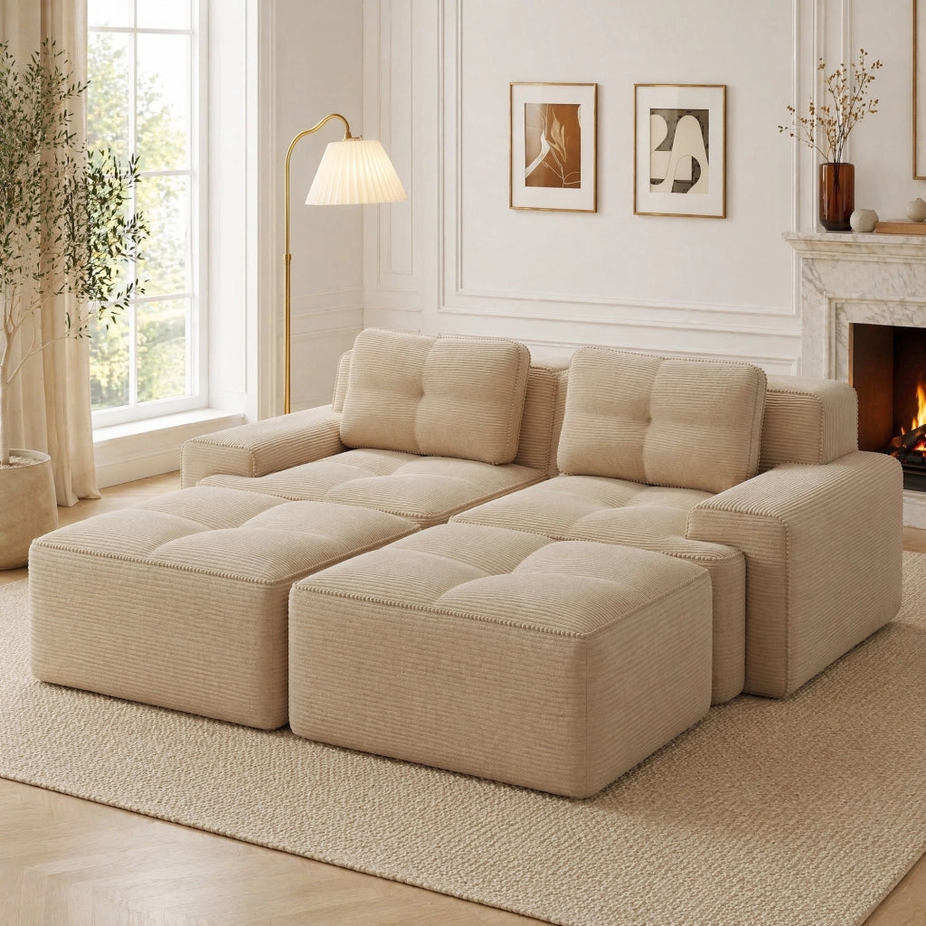 Divano modulare boneless con seduta profonda 204x177x69 cm in tessuto a coste beige