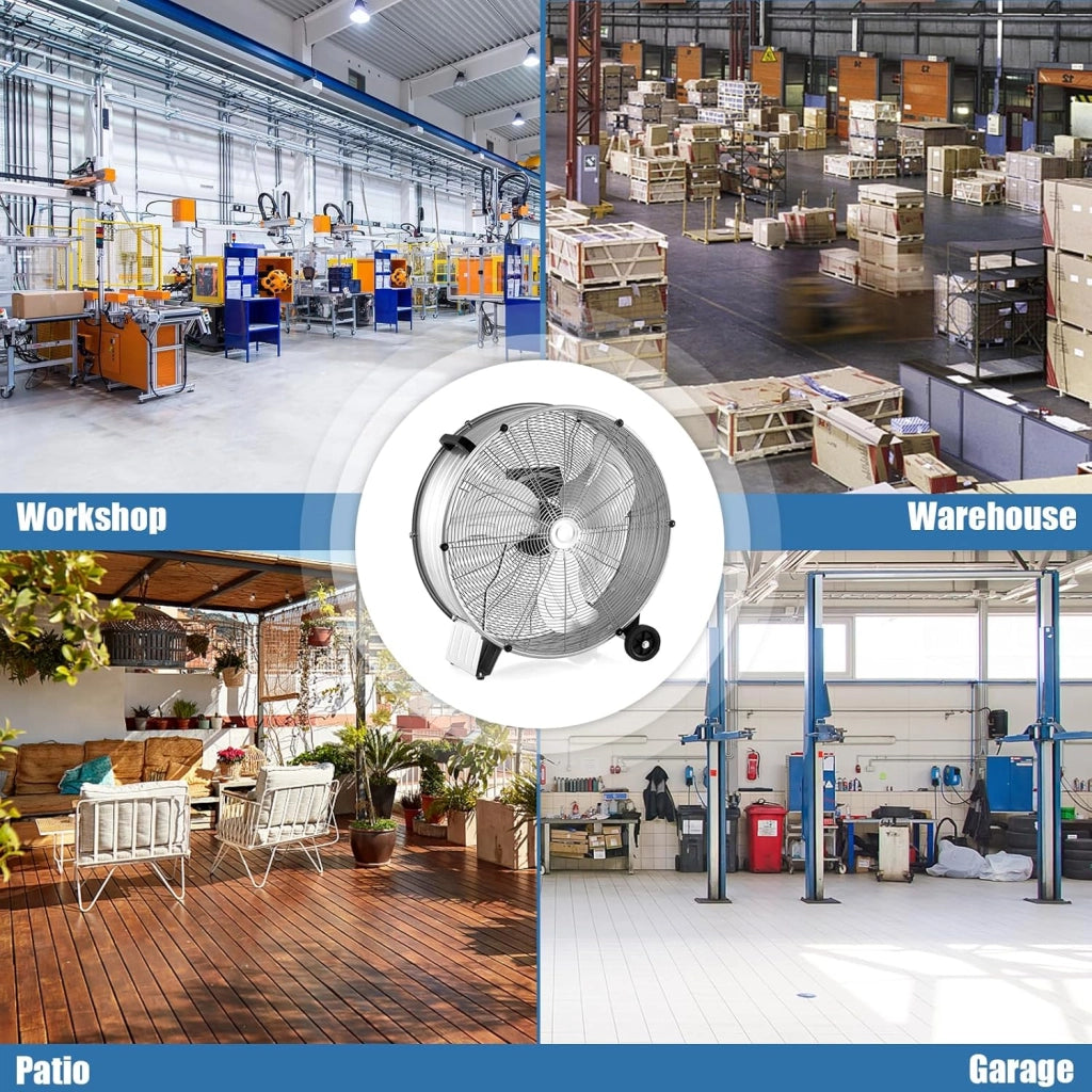 Ventilatori da Pavimento, 3 Velocità di Vento Regolabili, Ventilatore Industriale in Metallo, 2 Ruote in Gomma, per Magazzino, Officina, Cantina, Ufficio, Ø60 CM (Argento bianco)