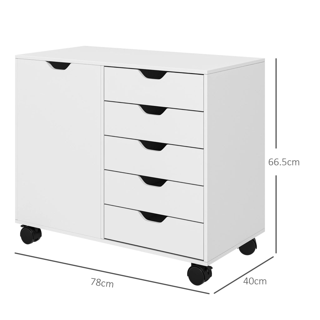 Cassettiera da Ufficio 78x40x66,5 cm Mobile Laterale con 5 Cassetti con Ruote in Melamina Bianco