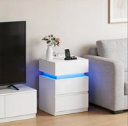 Comodino 40 cm con LED regolabile, 2 prese e 2 USB in materiale di legno bianco