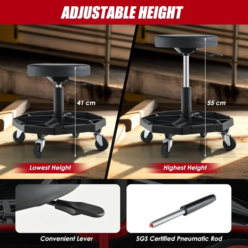 Sgabello rotelle, seduta ergonomica regolabile in altezza 41-55 cm, sgabello con vassoio magnetico rimovibile per riporre attrezzi, carico massimo 150 kg, per officina, garage (nero)
