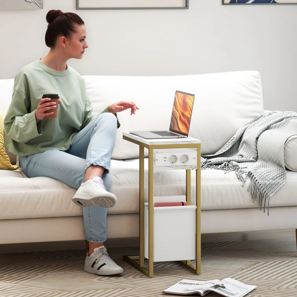 Tavolino da salotto con piano in effetto marmo e stazione di ricarica ¨C Minimal ¨C bianco 46x25x62,5 cm