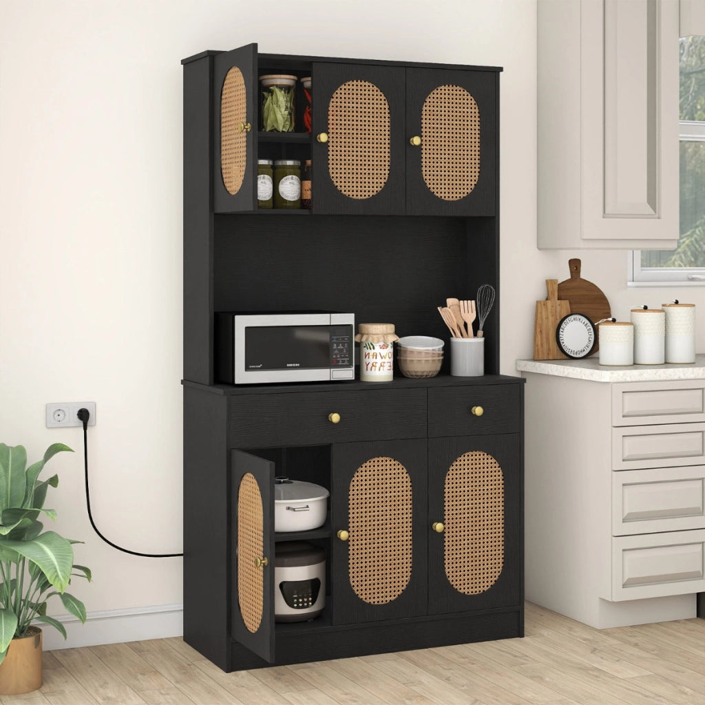 Credenza indipendente boho per soggiorno con 6 ante in rattan 2 cassetti, Mobile dispensa 180 cm con vetrina Nero-Credenze buffet