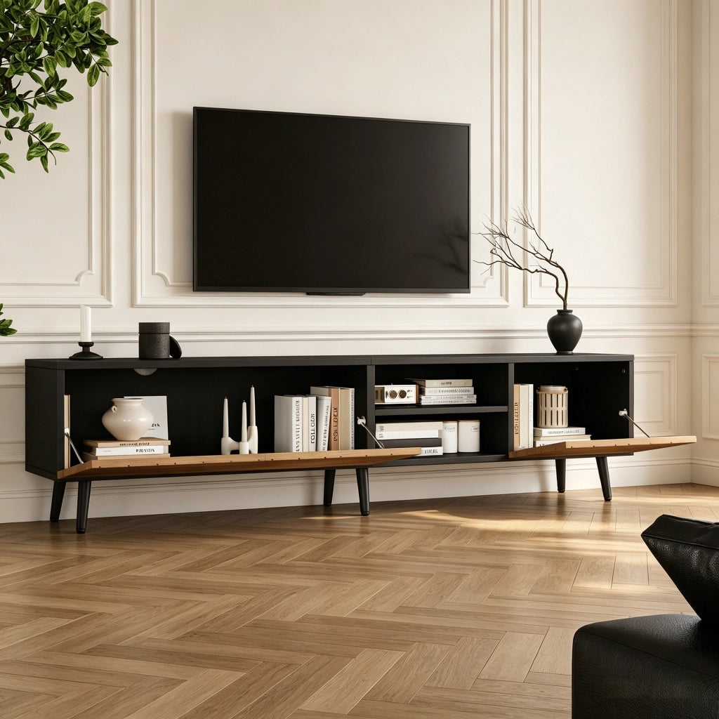 Mobile TV, cerniere silenziose, ripiani a vista, finitura effetto legno, colore legno naturale e nero