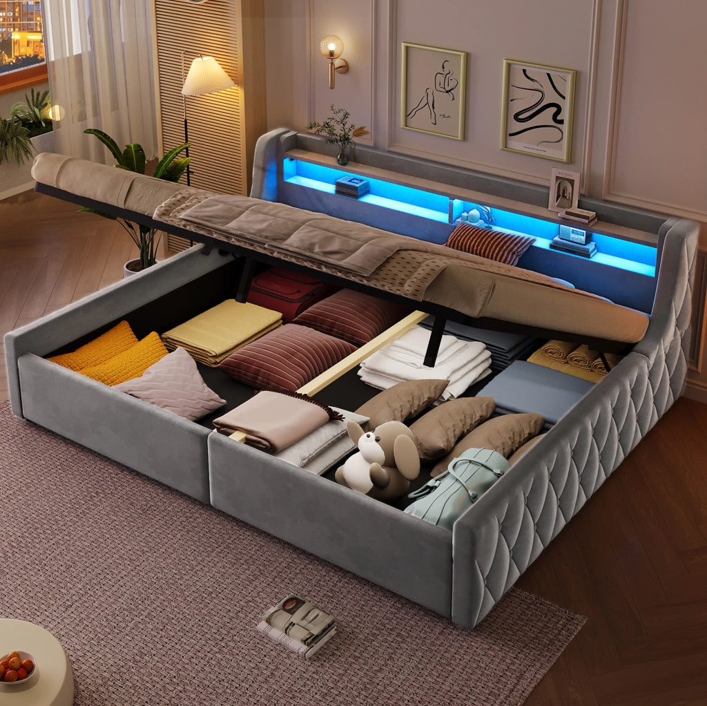 Letto imbottito 140x200 cm grigio con LED e contenitore