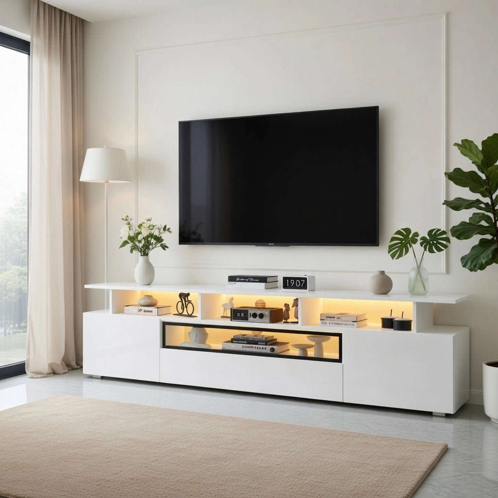 Cassettiera TV bianca lucida in truciolato lunghezza 180 cm
