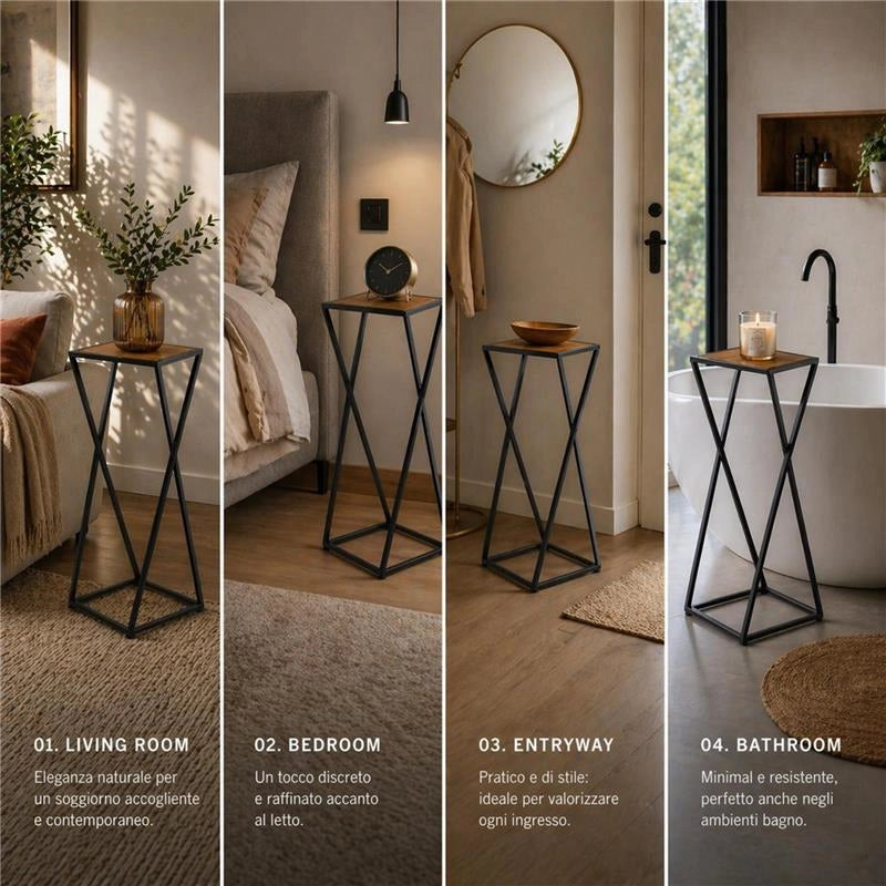 TAVOLINO A COLONNA CON STRUTTURA IN METALLO NERO E TOP IN MDF EFFETTO LEGNO SCURO MISURE: 25X50CM