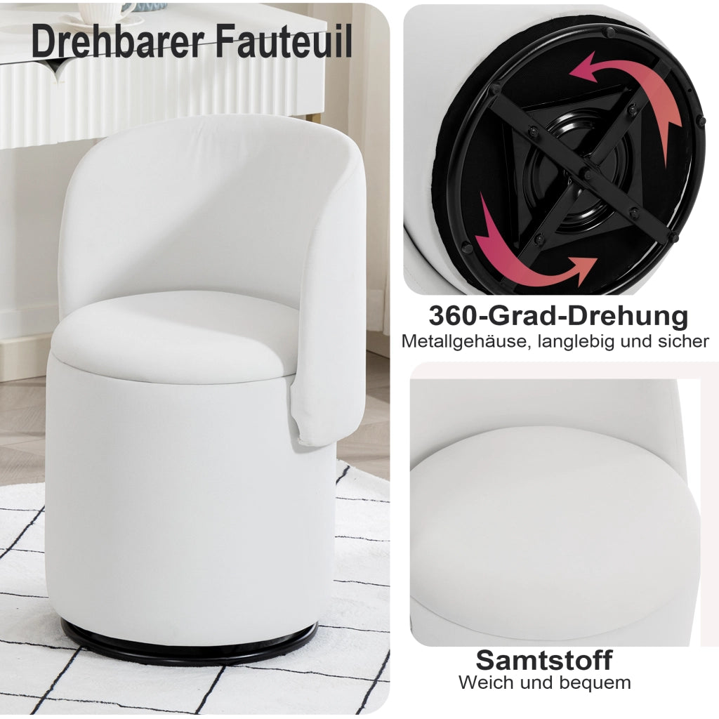 SEDIA Girevole 53x50x47 cm In Velluto Bianco con vano contenitore