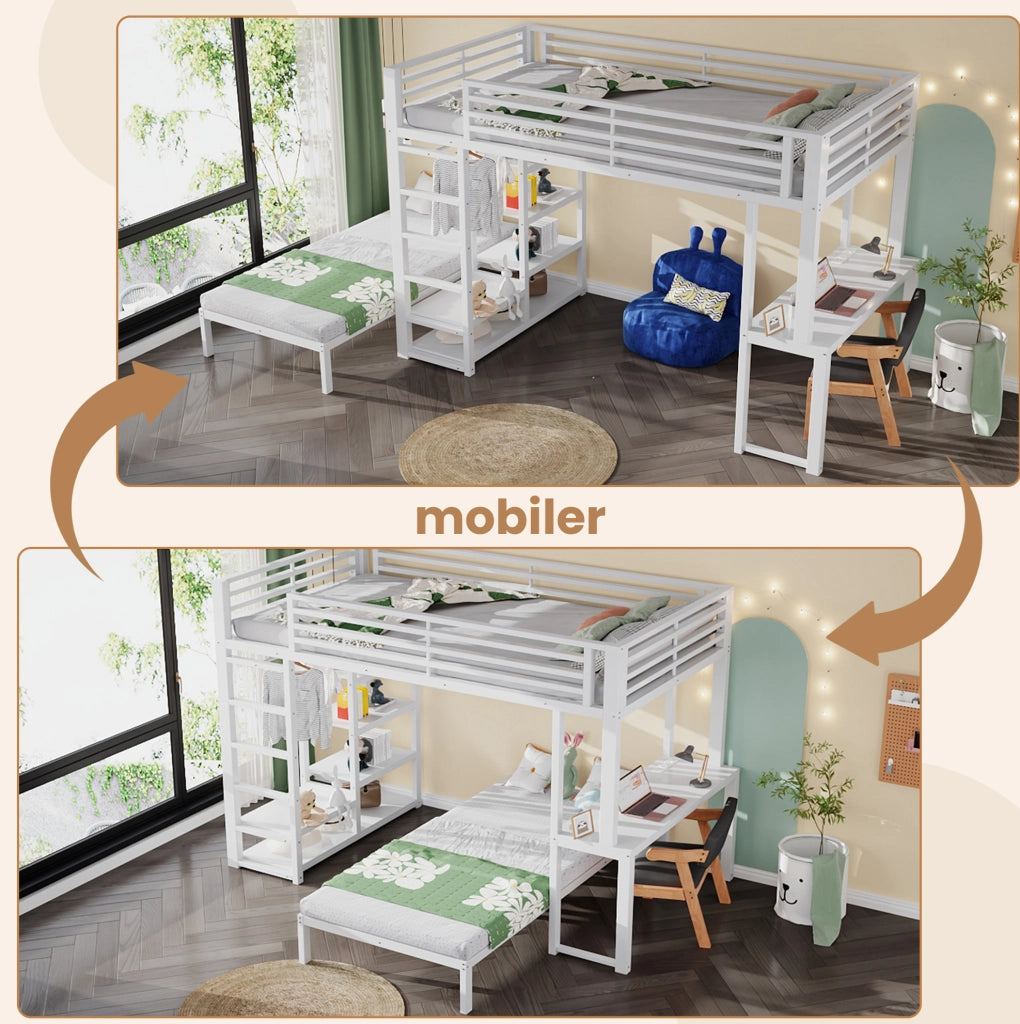 Letto a soppalco 90 x 200 cm con scrivania e scaffali bianco