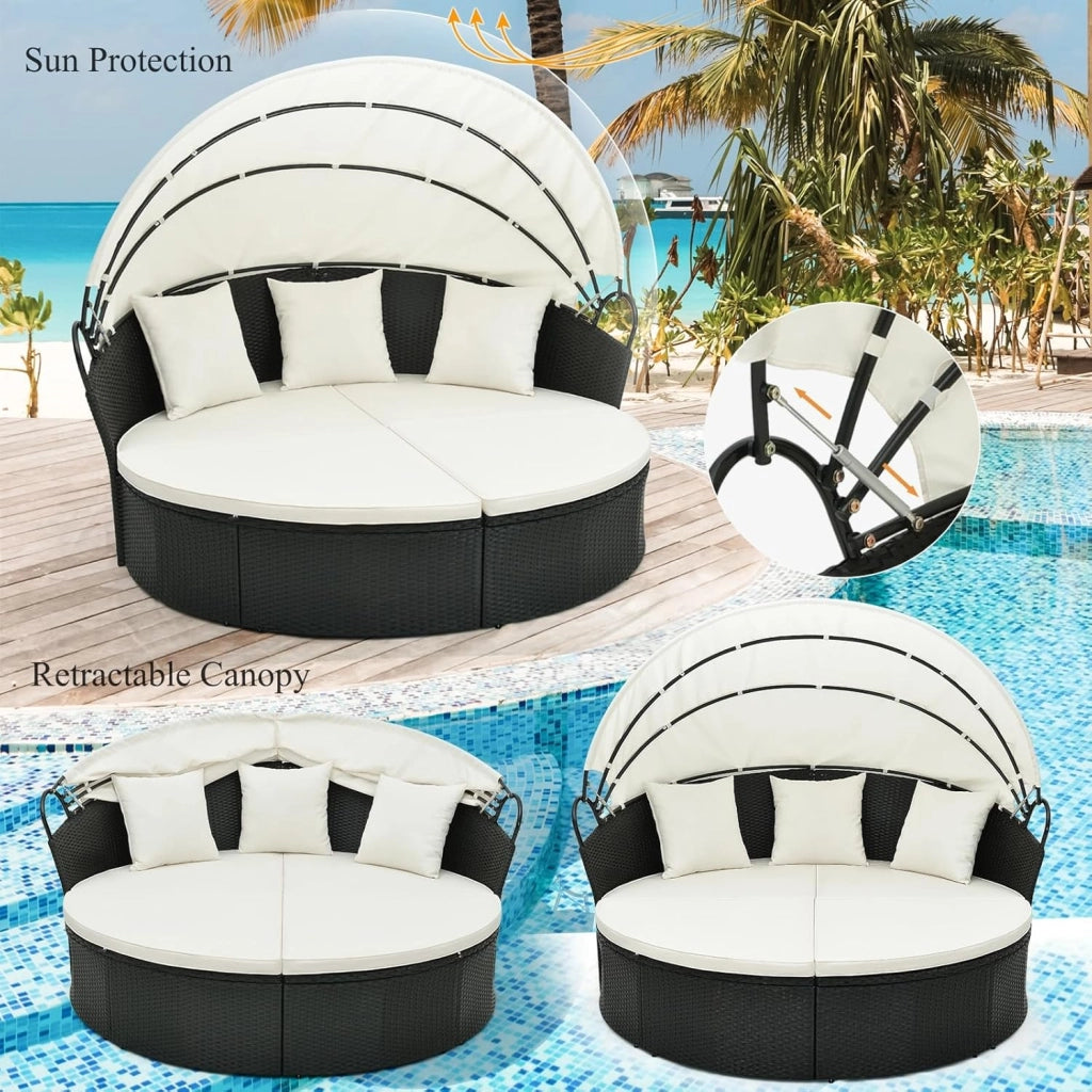 Set Giardino da Esterno in Rattan PE, Divano Rotondo in 4 Pezzi con Cuscini, Lounge Letto Matrimoniale con Tettuccio Parasole, Lettino Prendisole Max 360kg per Piscina e Cortile, 168x180x157
