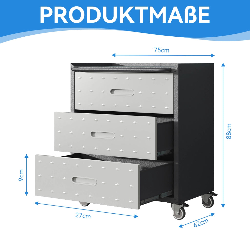 Cassettiera portautensili in metallo con ruote 75x42x88 cm a 3 cassetti nero/grigio