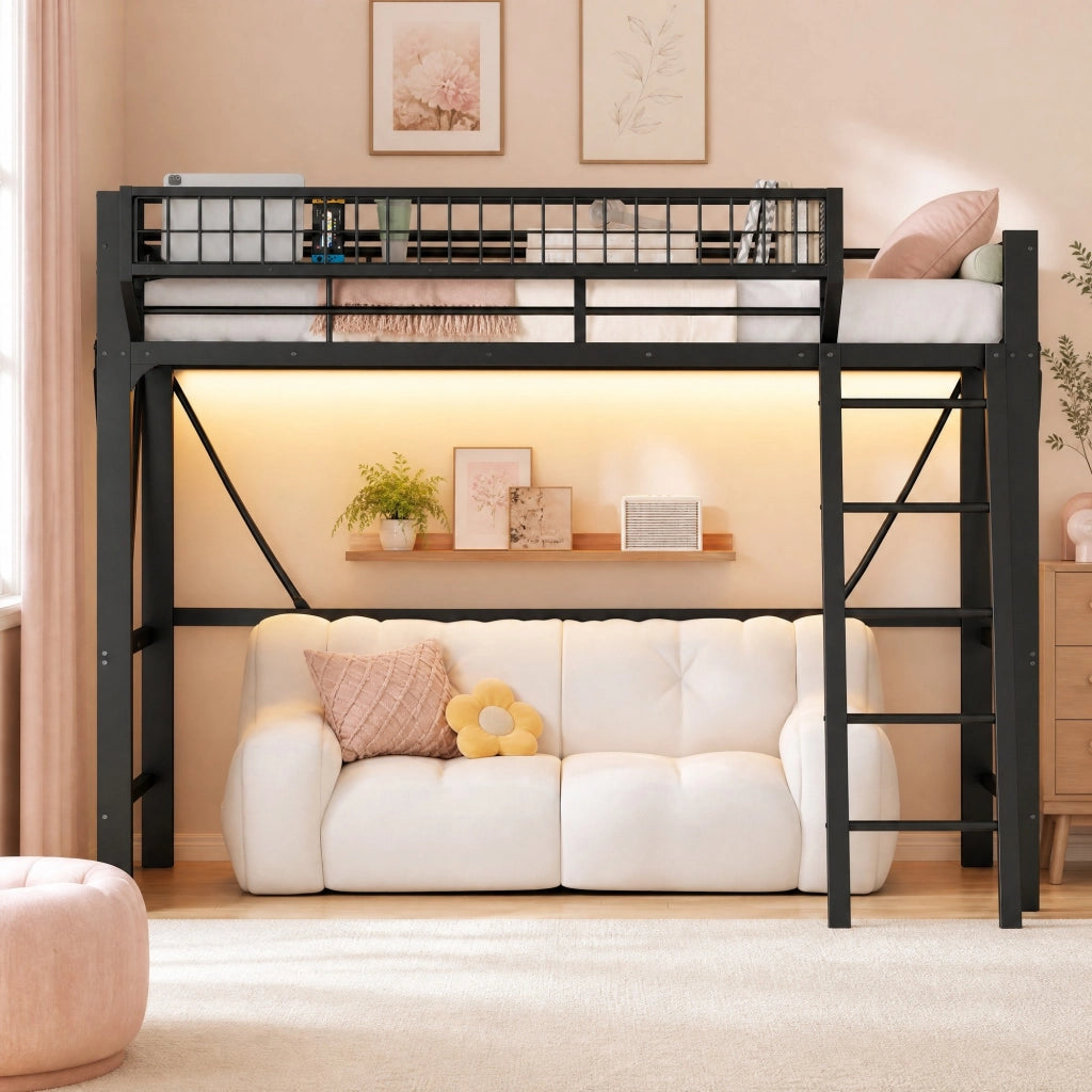 DESMIU Letto a soppalco 90 × 200 cm con cestino, luce LED e scala, senza materasso, in metallo, nero