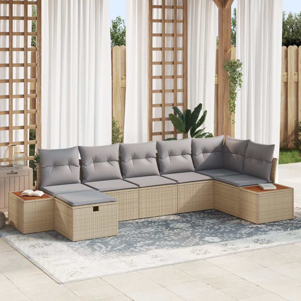 Set da Giardino di 7 Pezzi con Cuscini Beige Polyrattan