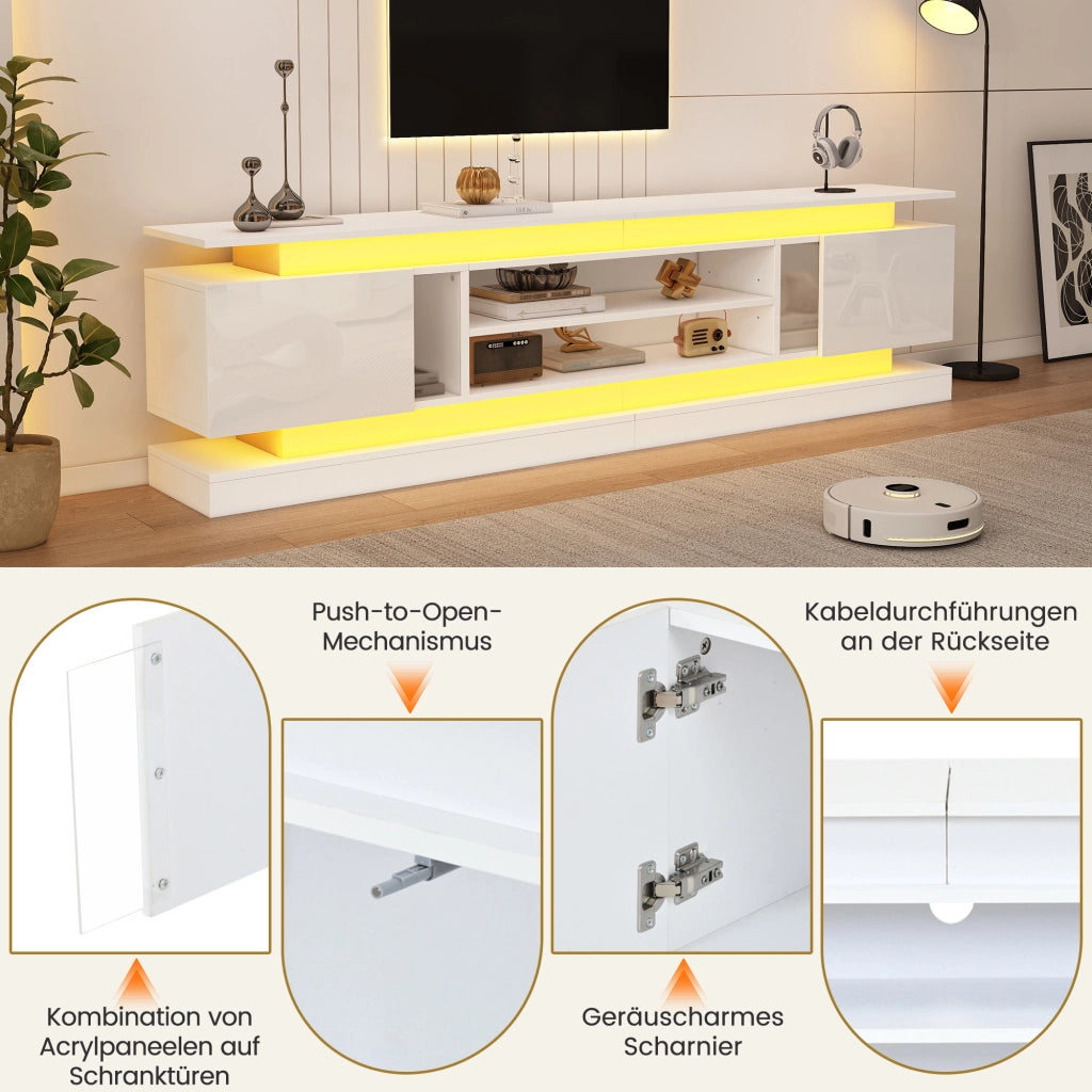 Mobile TV 180 × 35 × 60 cm 2 ante push to open con LED RGB Bluetooth e ripiani regolabili bianco lucido