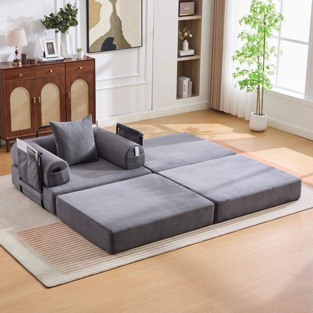 Pouf poggiapiedi convertibile in letto singolo in corduroy grigio scuro; 109x95x43 cm