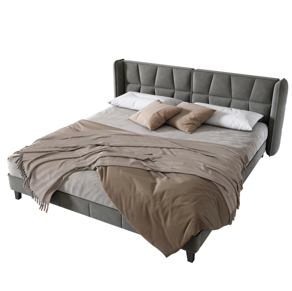 Letto imbottito 180x200 cm; testiera alta e rete in legno; velluto grigio