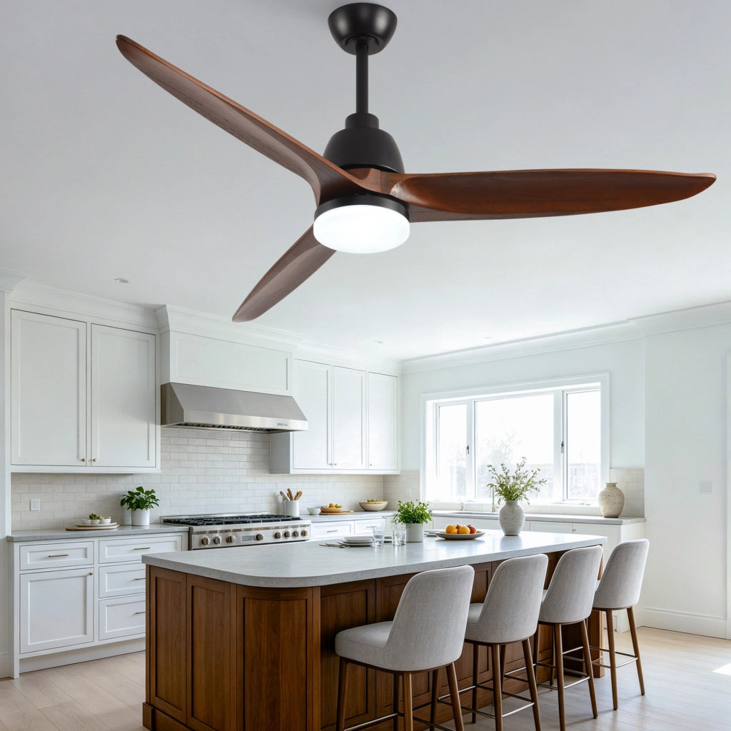 Ventilatore da soffitto 52 pollici con luce LED dimmerabile; 3 pale in legno; noce e nero