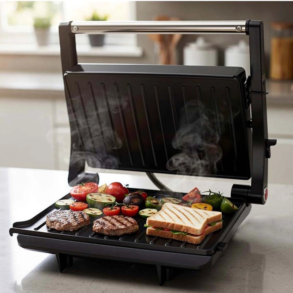 Grill di Contatto Elettrico 1000W con Piastre Antiaderenti Inox Nero Avizar