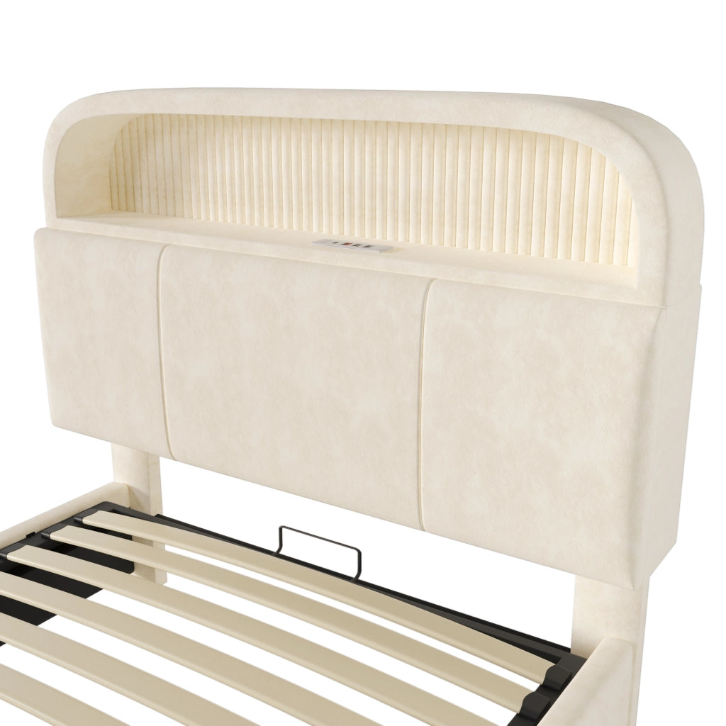 Letto singolo 90x200 cm con testiera contenitore regolabile, LED e presa USB/Type-C, velluto beige, con materasso