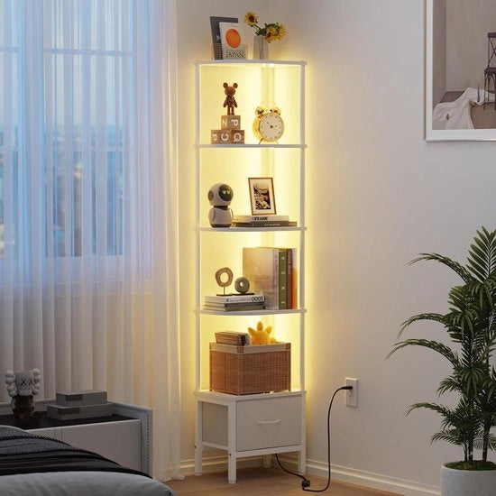 Libreria a 5 livelli, mensola con illuminazione a LED e cassetta in velluto, vetrina angolare di 172 cm per angoli, salotto, camera da letto, mensola angolare, bianca