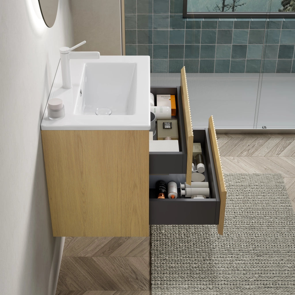 MOBILE BAGNO SOSPESO 61 cm con lavabo in ceramica Bianco e Rovere Dorato