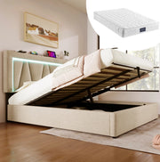 Letto matrimoniale contenitore 140x200 cm beige con LED, USB-C e materasso