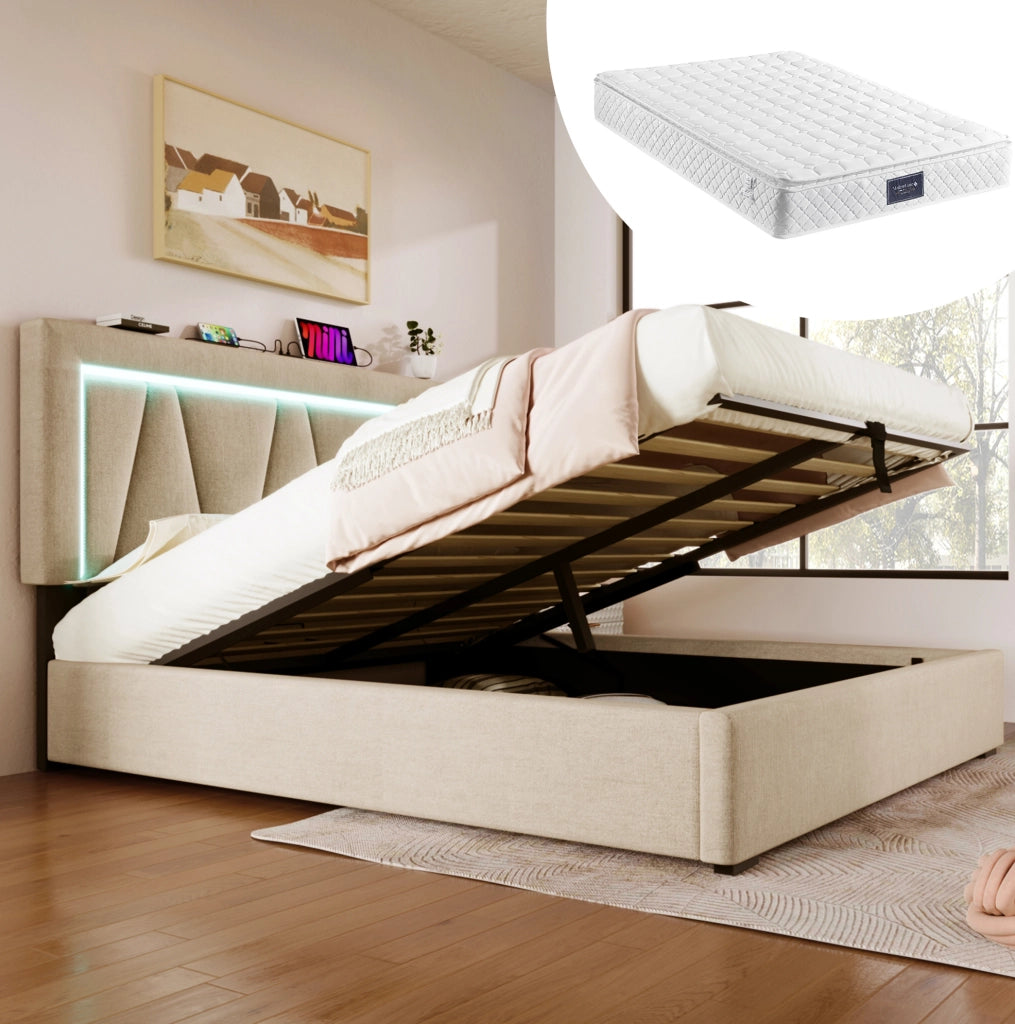 Letto matrimoniale contenitore 140x200 cm beige con LED, USB-C e materasso