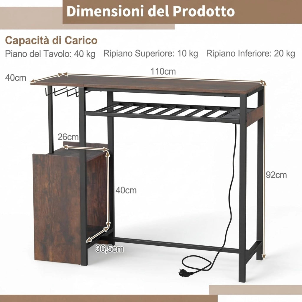 Tavolo da Bar con Luce Regolabile, Tavolino Alto con Stazione di Ricarica, Portabottiglie e Portabicchieri, Tavolino da Cucina per Soggiorno e Sala da Pranzo, 110 x 40 x 92 cm