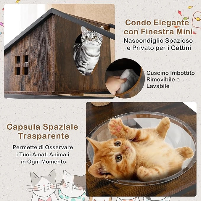 Albero per Gatti 80 x 48 x 150 cm, Lettiera Gatto Chiusa con Posti per Graffiare, Cuscino, Amaca e Palla Pendente, Torre per Animali Domestici in Metallo e Corda di Juta