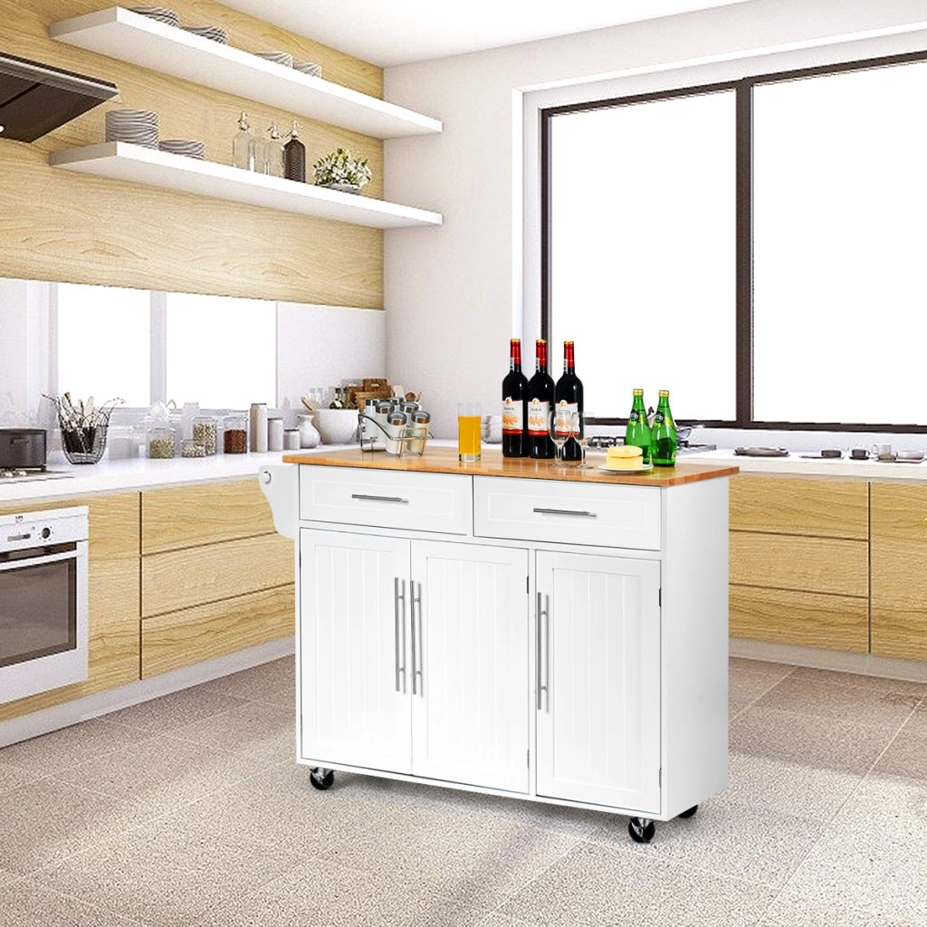 Carrello da cucina in legno con 2 cassetti e maniglia, Armadietto da cucina con ruote 122x45,5x92,5cm Bianco-Carrelli
