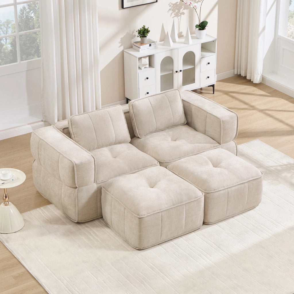 Divano modulare angolare 2 posti - con pouf e seduta profonda - in poliestere - beige